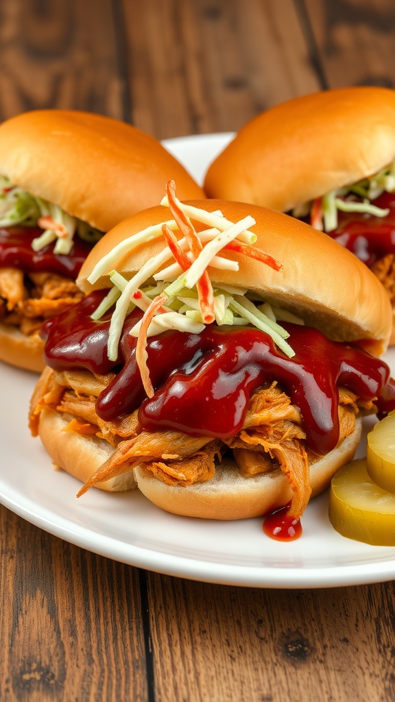 Barbecue chicken sandwiches with coleslaw on soft buns, served with pickles on a rustic table.